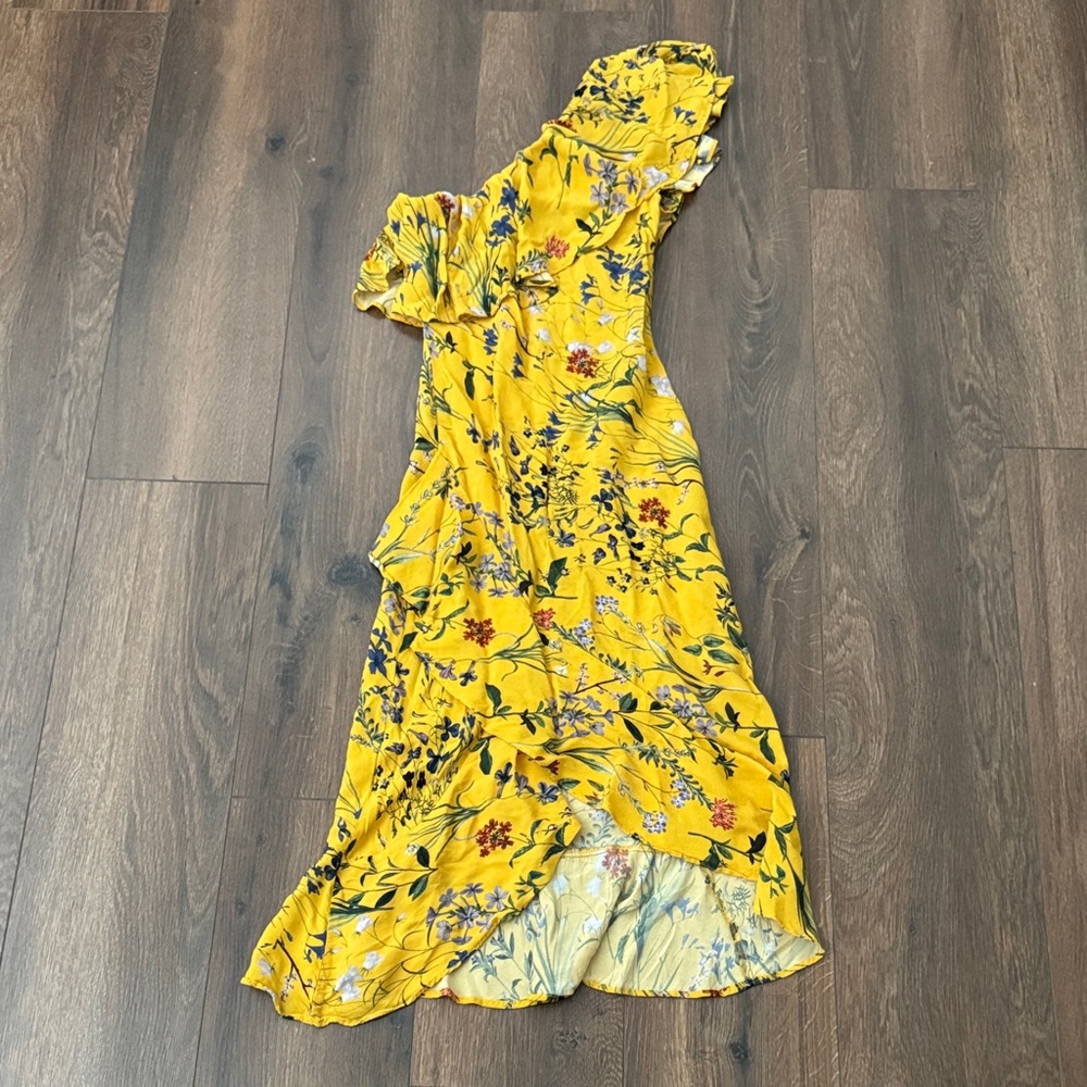 Backstage Yellow Floral One Shoulder Dress XXS Asymmetrical Ruffle Midi Summer